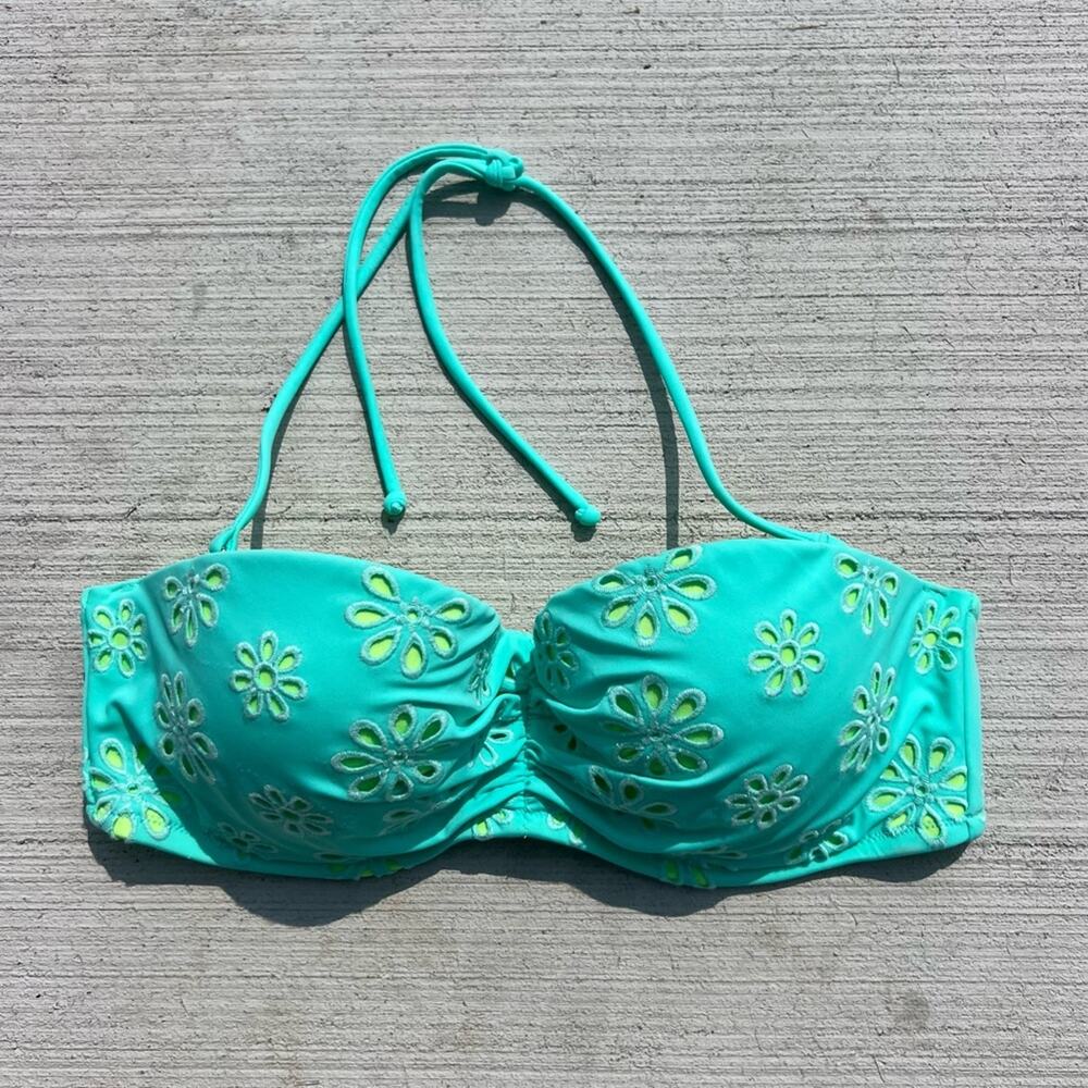 Victoria’s Secret 34D Teal Daisy Cutout Bandeau Bikini Top Halter tie Neon Green
